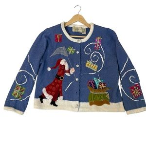 Vintage Holiday Santa Embroidered Blue Cardigan Sweater